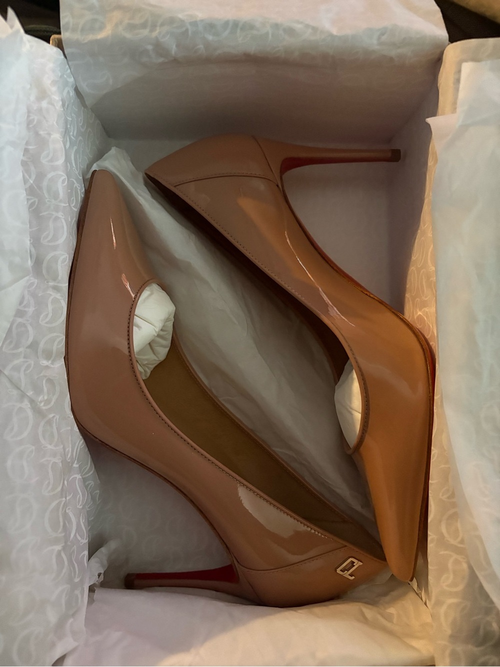 Neiman Marcus Nude Patent Pointed-Toe Stilettos